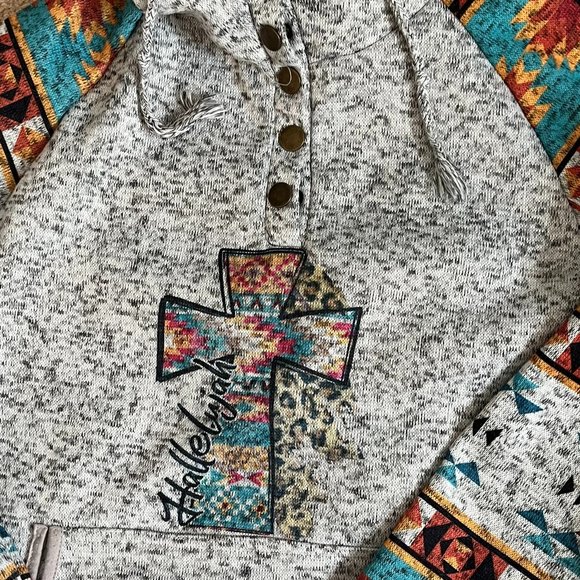 Gray & Aztec Print *Hallelujah* Hoodie | Heather Gray | Kangaroo Pocket | Size L - Picture 6 of 11